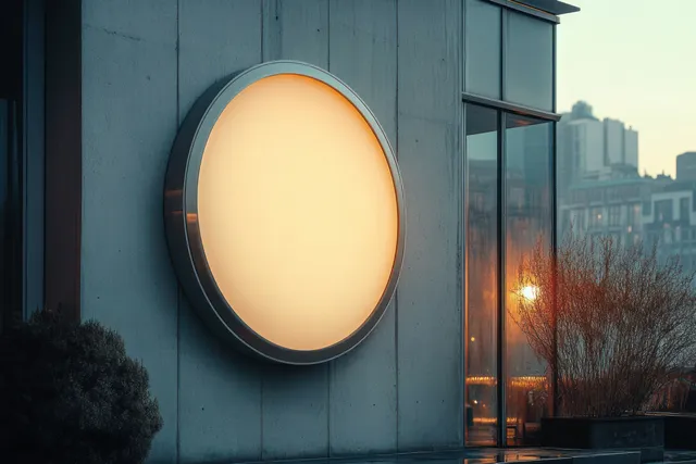 Warm circular wall light glows on a modern exterior facade while sunset city reflections appear in a nearby glass window.