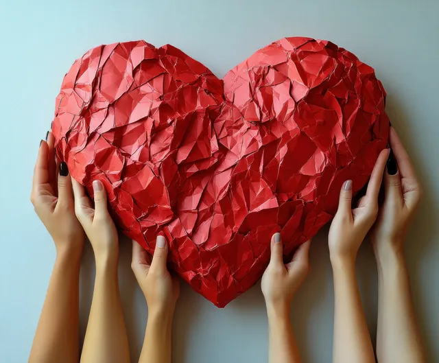 Multiple hands hold a crumpled red paper heart on a light blue background.