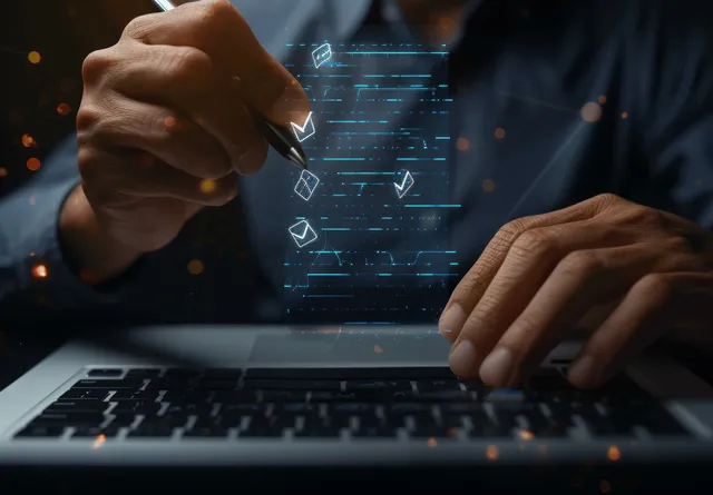 Professional completing an online assessment on a laptop with holographic checkbox icons