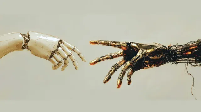 A human hand and a robotic hand reach toward each other beside a delicate brush-stroke line.
