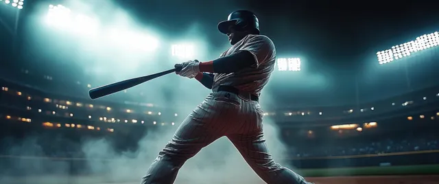A baseball batter in a pinstripe uniform swings a bat under bright stadium lights through smoky haze.