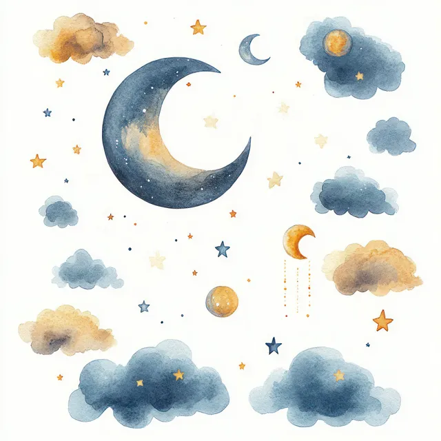 Watercolor night sky with crescent moon, drifting clouds, and glowing stars