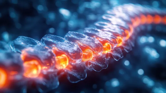 Close-up 3D spine render with glowing discs illuminated by blue medical light and soft background blur.