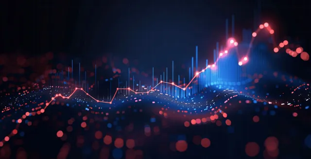 Glowing candlestick stock market graph rises over a dark background with floating data points.
