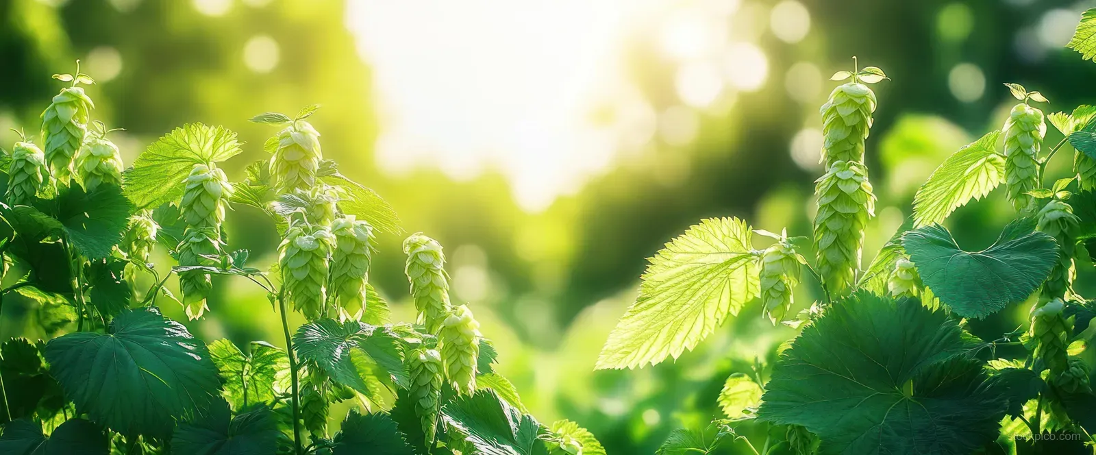 Sunlit hop vines with textured green leaves in an outdoor field, softly blurred sky and clouds behind.