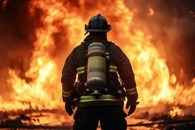 Firefighter in protective gear facing roaring flames and thick smoke during an emergency