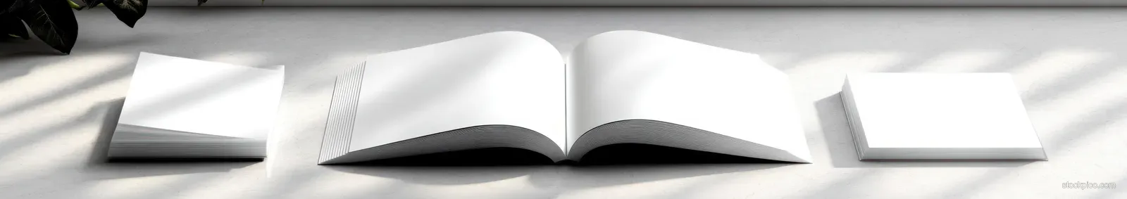 Open blank book on a light marble surface with soft natural lighting and gentle shadows creating copy space.
