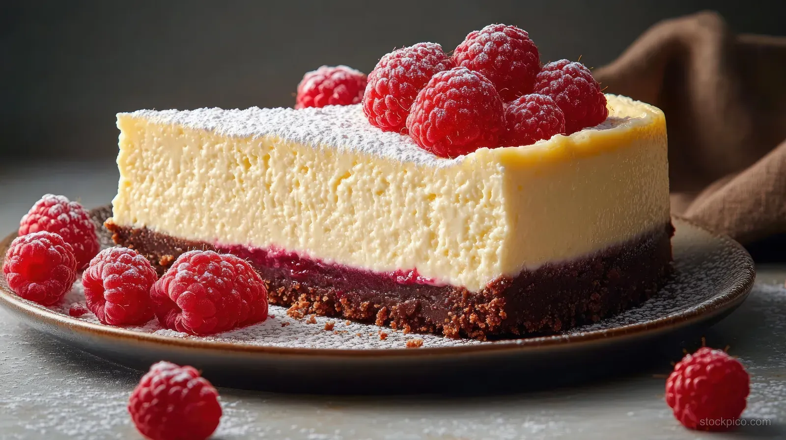 Creamy cheesecake slice on a dark plate with chocolate crust, topped with fresh raspberries and powdered sugar.