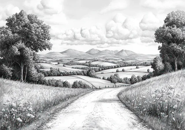 A winding country road runs through fields and trees toward distant mountains in a monochrome landscape.