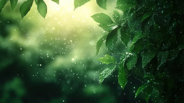 Close-up green leaves with sparkling water droplets catching soft backlit natural light