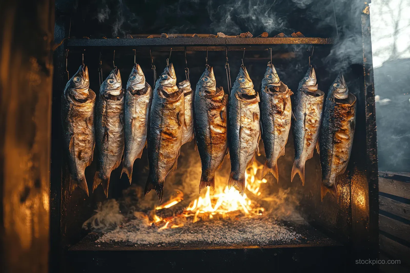 Bream fish hang in a rustic smokehouse above a wood fire with smoke rising.