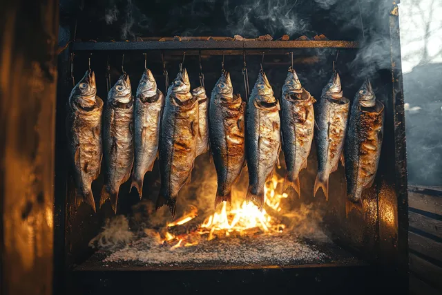 Bream Fish Hanging in Rustic Smokehouse Over Wood Fire