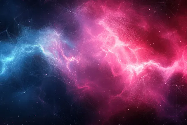Cosmic nebula network with glowing pink and blue clouds connected by luminous light lines