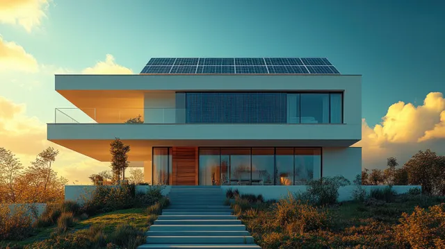 Modern two-story house with rooftop solar panels in a sunny landscape, with smart home interface icons overlayed.