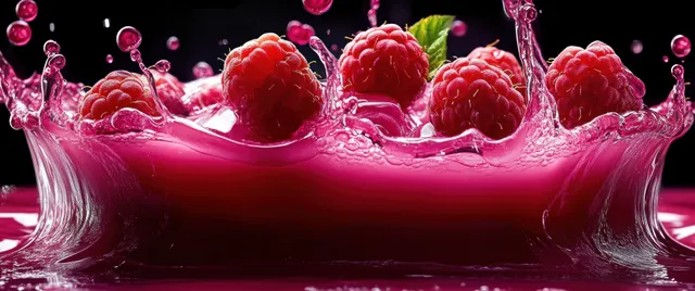 Fresh raspberries splash into pink juice, forming droplets and waves on a black backdrop
