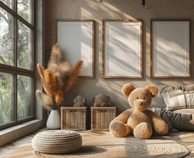 Teddy bear sits on a rug in a Scandinavian kids room beside wooden picture frames and woven toy storage baskets by windows.