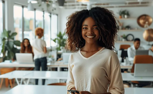 A confident Black businesswoman smiles with a smartphone in a modern office, while her team collaborates in the background.