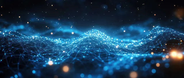 Glowing blue digital network waves across abstract cybersecurity landscape with particle lights