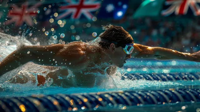 Determined male swimmer driving backstroke through a pool lane with water splashes