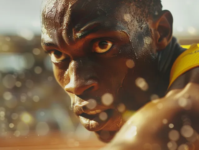 A Jamaican sprinter’s intense face fills the frame as they run the final leg of a 4x400m relay.