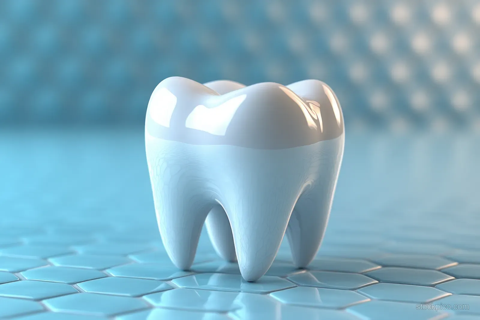 A glossy 3D tooth model rests on a blue patterned surface with a protective coated look.