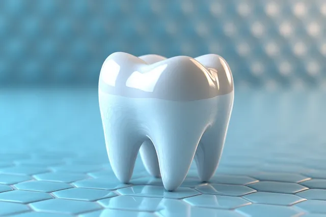 A glossy 3D tooth model rests on a blue patterned surface with a protective coated look.
