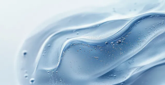 Macro close-up of blue transparent gel with tiny air bubbles and a smooth flowing surface.