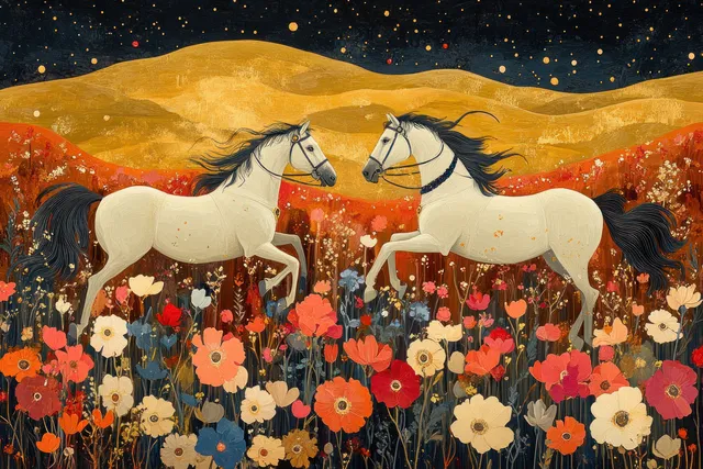 Galloping white horses clash in a vibrant floral landscape with gold patterned waves