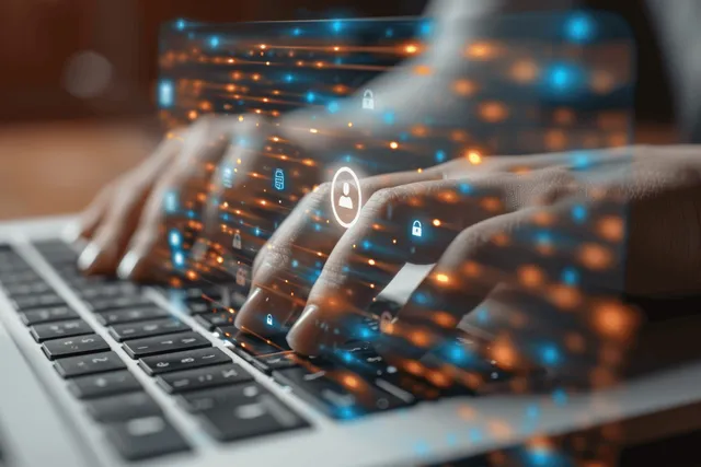 A businessman’s hands type on a laptop while a floating lock icon and login prompts signal encrypted cybersecurity protection.