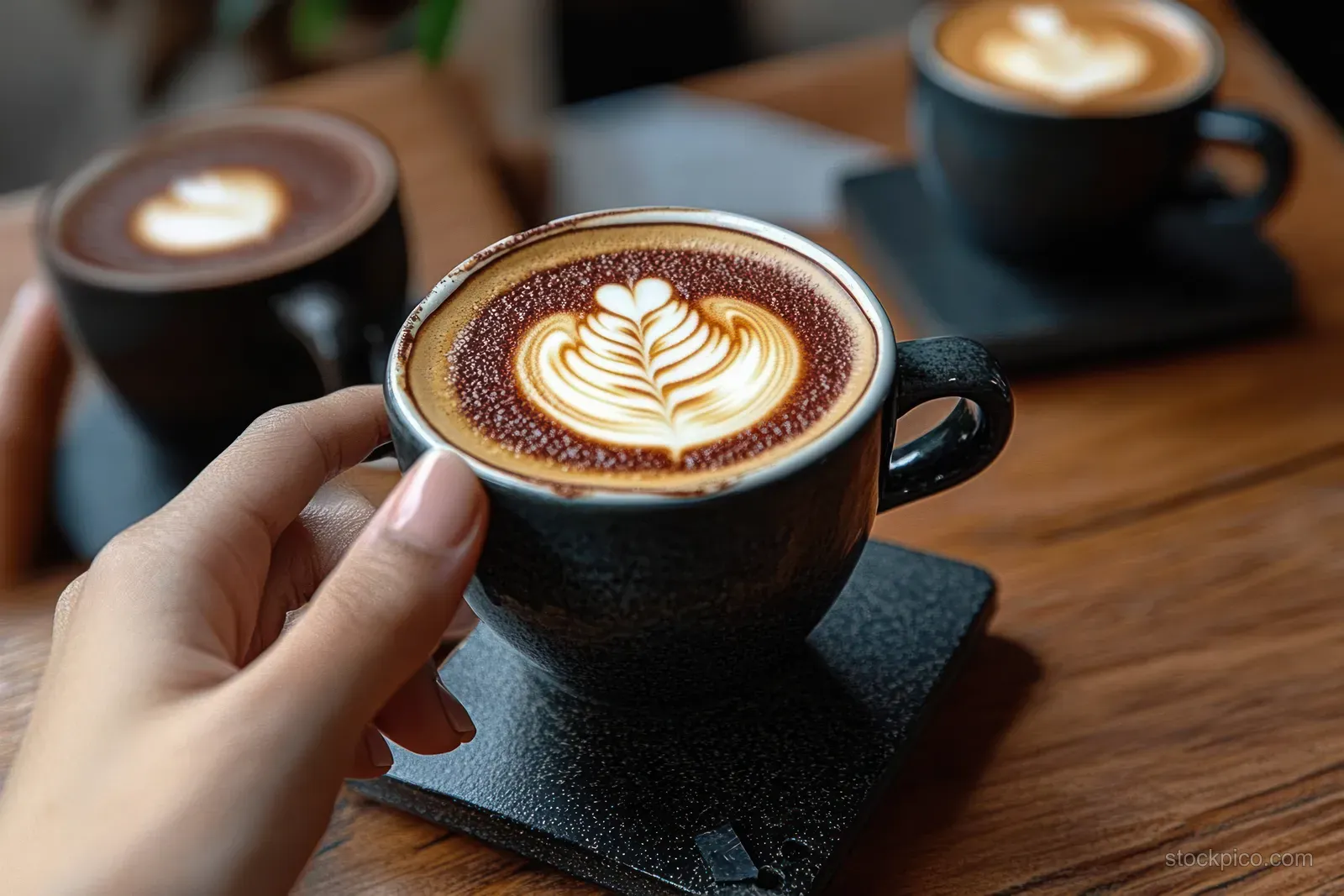 A woman takes a close-up photo of a latte with a smartphone on a wooden cafe table.