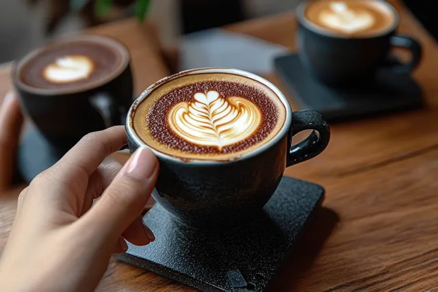 Woman photographing a latte with smartphone on wooden cafe table in warm light