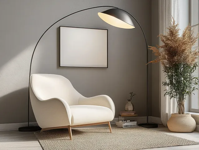 Cream armchair in a bright Scandinavian living room beside an arc floor lamp, framed wall art, and potted plants.