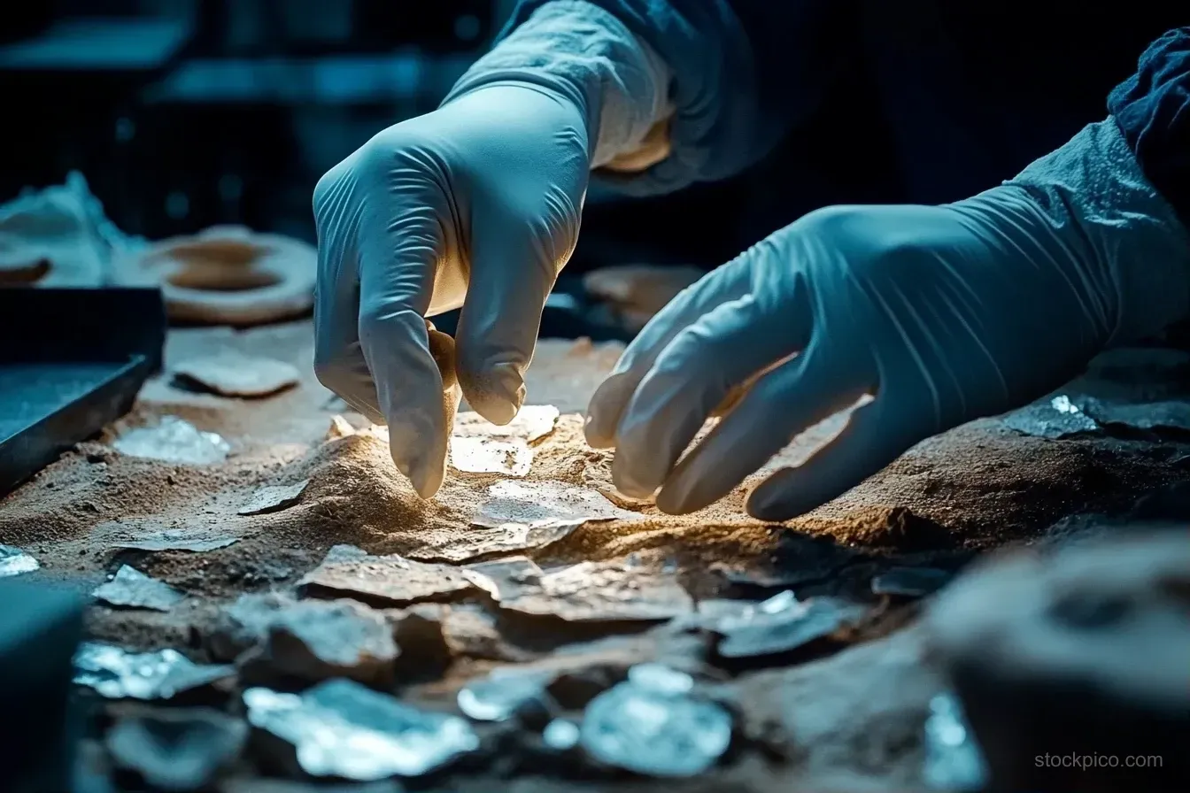 Gloved hands gently place fossil fragments on a sandy table under focused blue lighting.