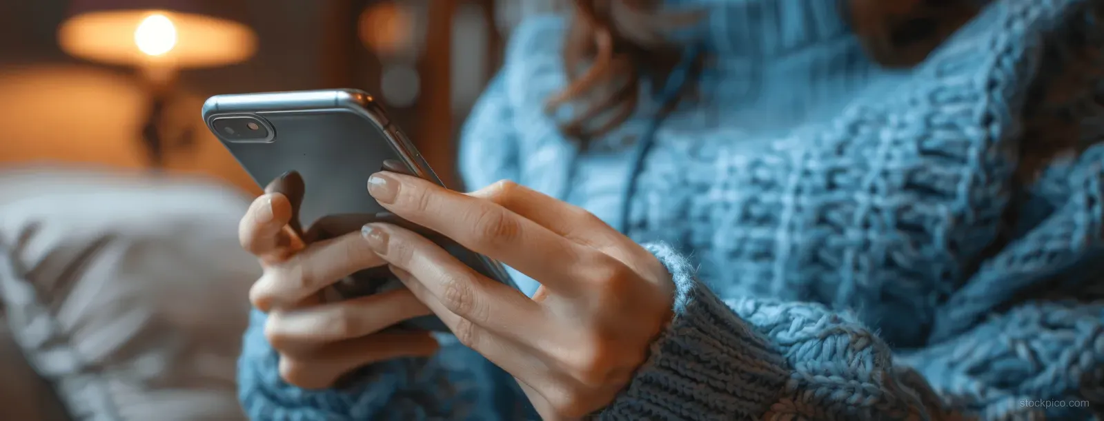 A person holding a smartphone while browsing social media messages in a cozy indoor room.