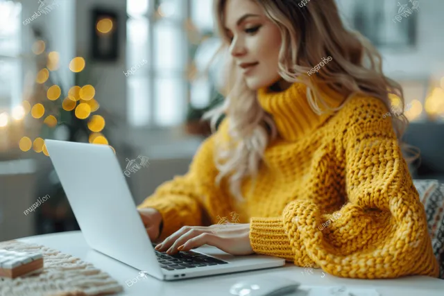 Woman typing on a laptop at her desk in a bright office while writing an online article.