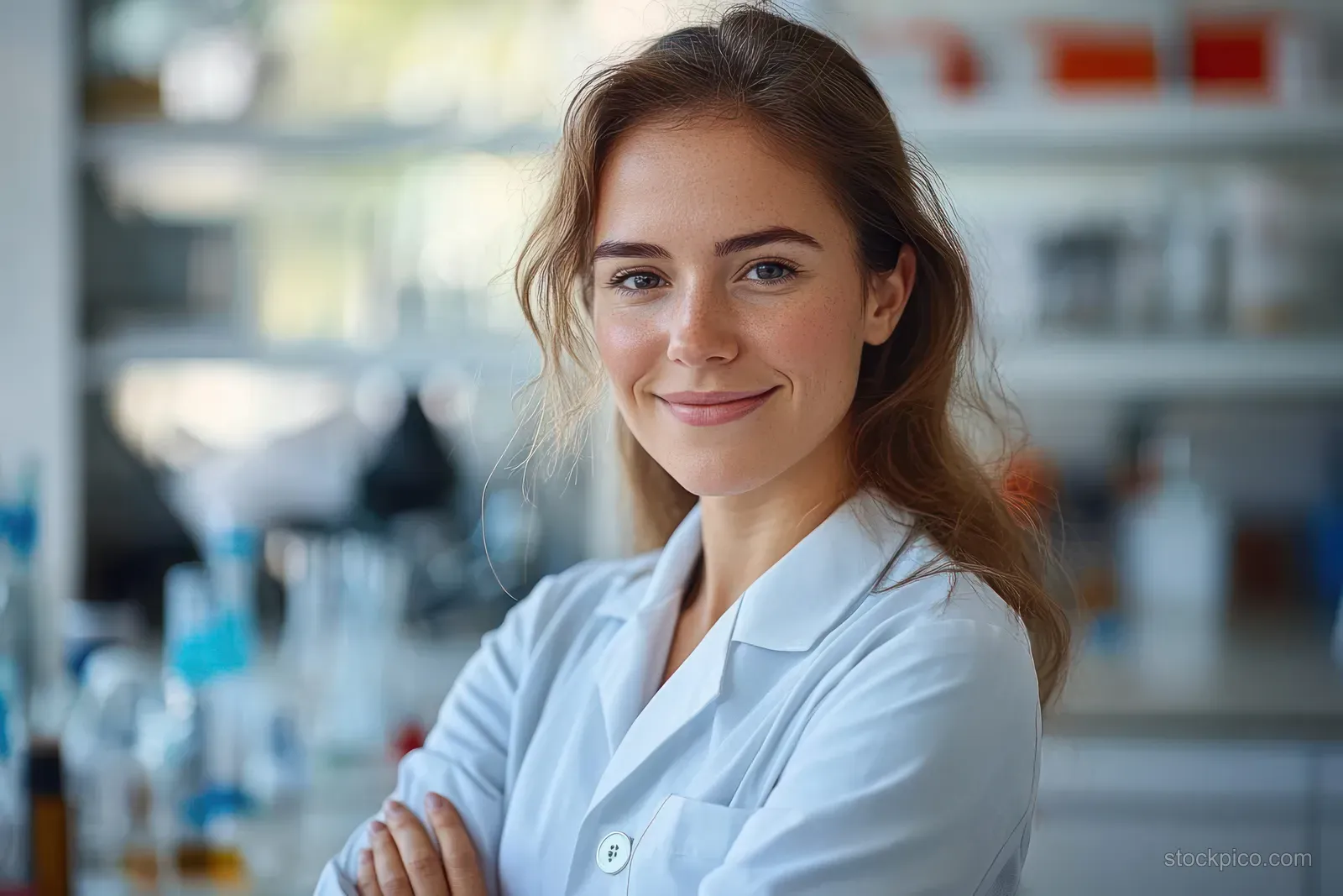 Young woman in a white lab coat smiles in a bright laboratory with glass test equipment in the background.