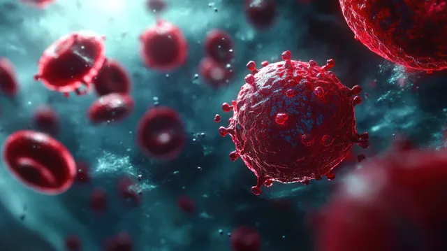 Virus particles float around red blood cells in a teal microscopic fluid background.