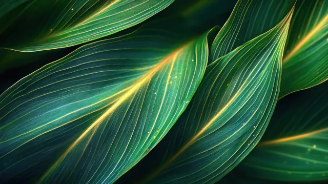 Macro view of green leaves with bright yellow veins and tiny water droplets