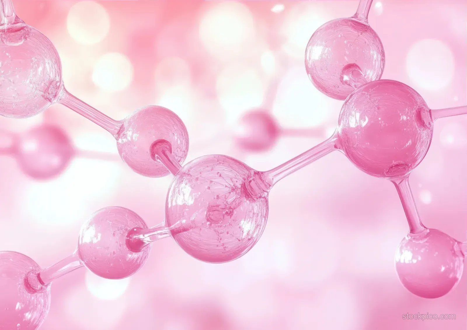 Pink translucent 3D molecular model with connected glossy spheres and rods against a soft bokeh background.