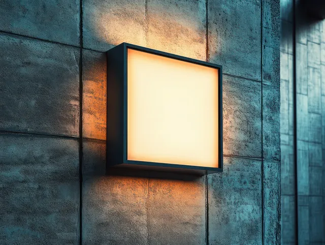 A square wall-mounted lamp glows warmly on a textured concrete wall, creating soft shadows.