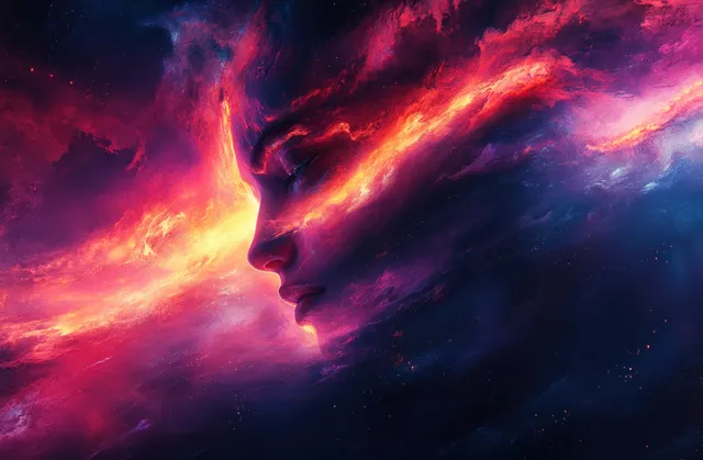 Surreal nebula face silhouette with glitchy RGB edges and swirling cosmic smoke