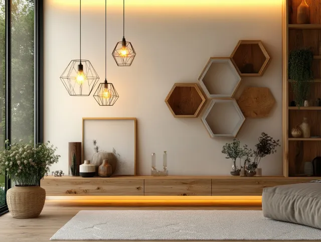 Scandinavian living room with geometric pendant lights and hexagonal wall shelves.