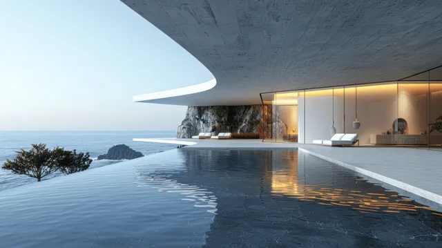 Minimalist modern terrace with concrete floor and reflective pool beside a sea horizon at dusk.
