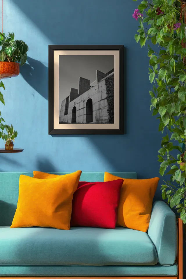 Turquoise sofa with orange and red cushions sits against a cobalt blue wall beside framed monochrome wall art and green plants.