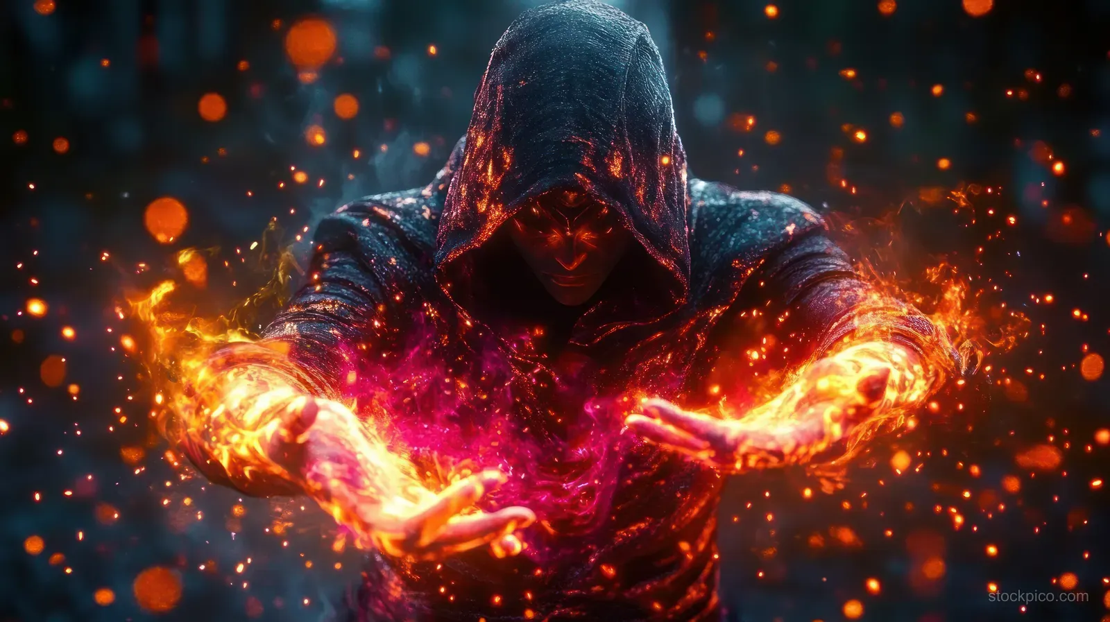 A hooded sorcerer casts glowing fire magic with outstretched hands amid floating sparks and smoke.
