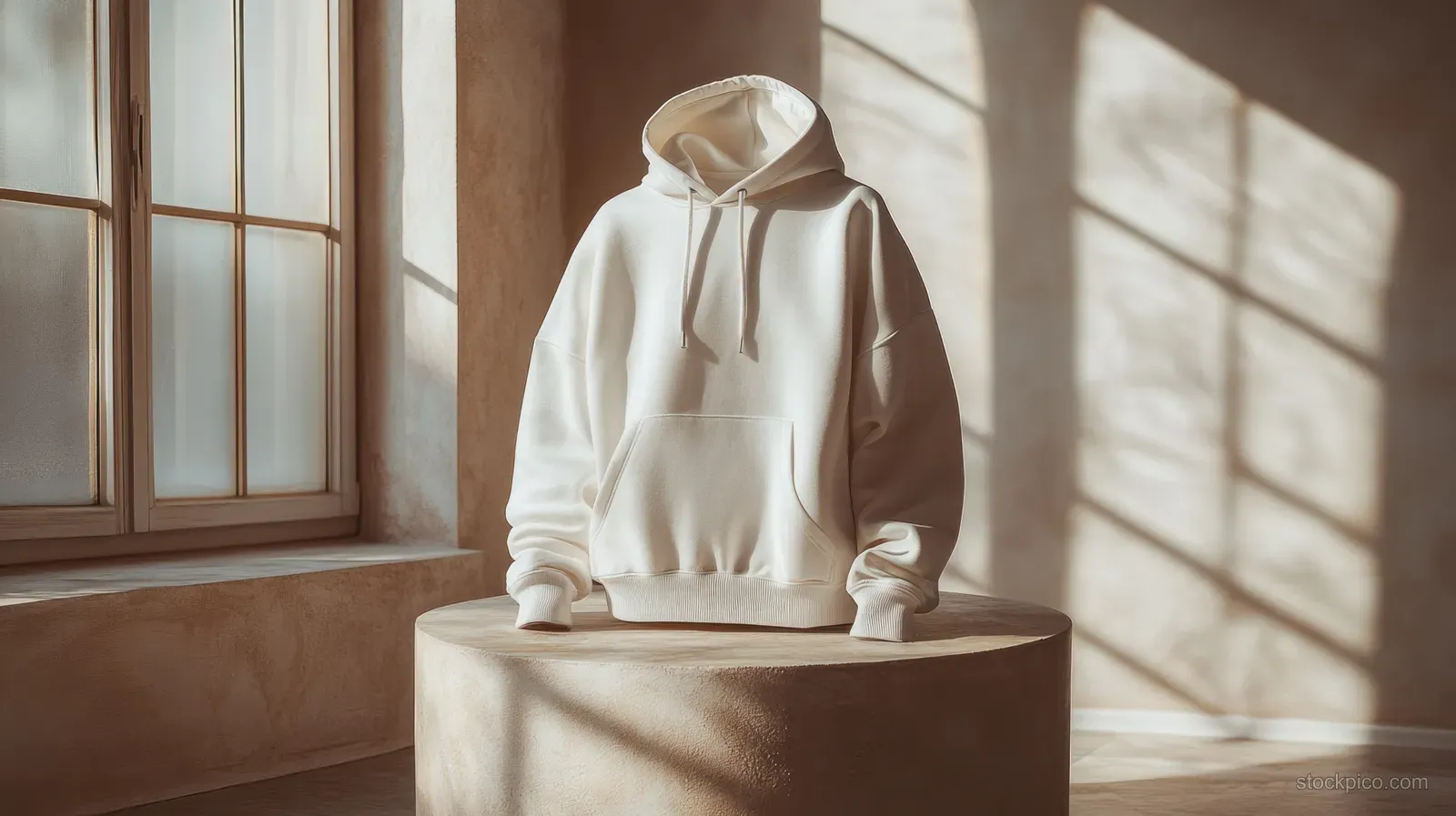 A white hoodie sits on a pedestal in sunlight from a window, creating soft shadows and a clean minimalist scene.
