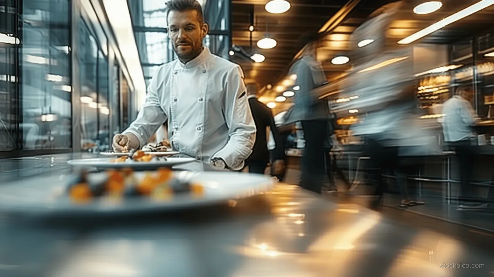 Chef in a white jacket prepares food at a cafe counter with blurred customers passing behind.