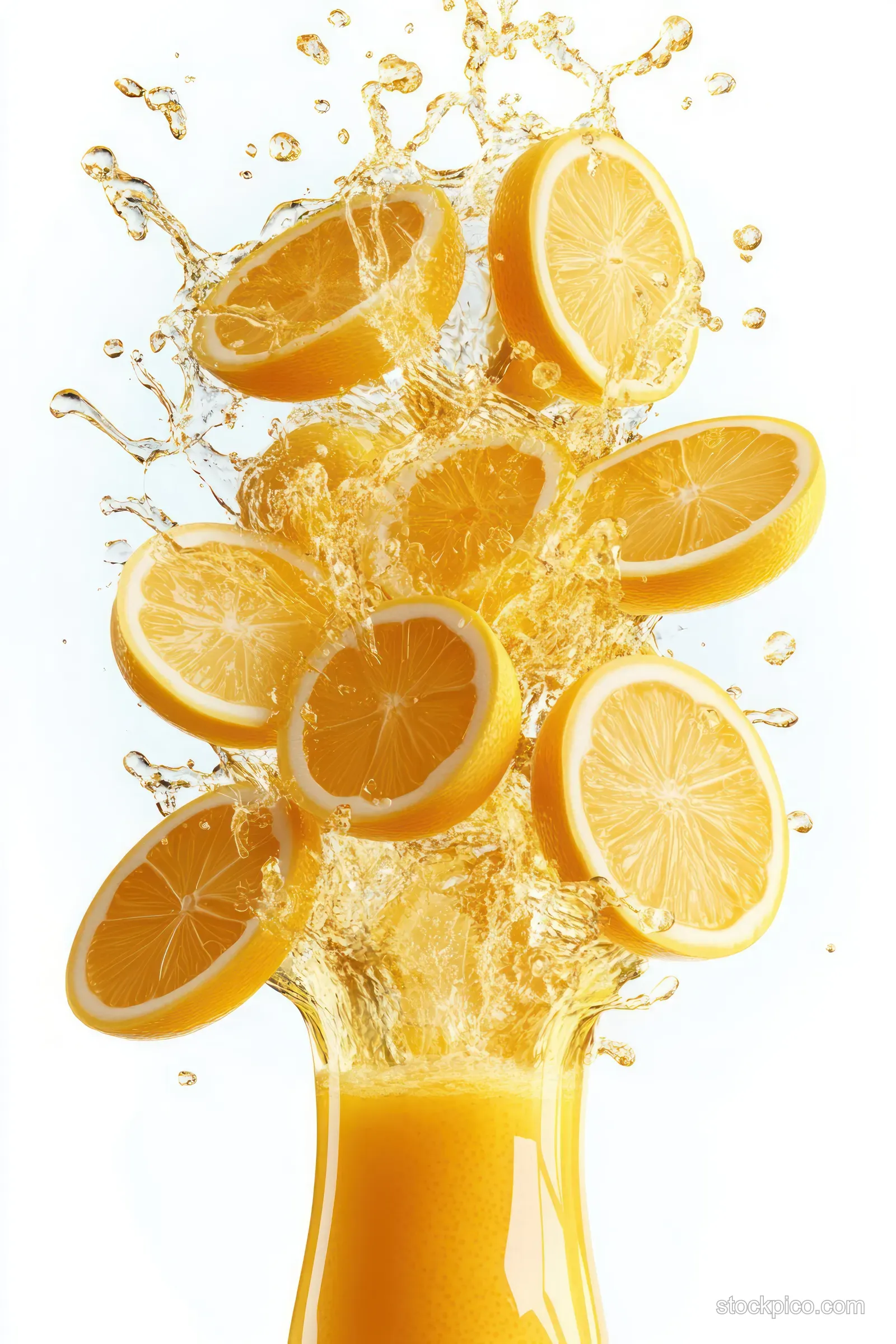 Orange juice splash with flying orange slices and droplets suspended against a white background.
