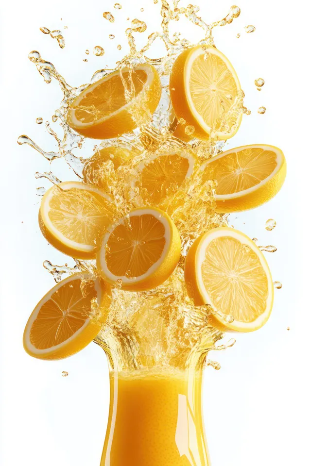 Juicy orange juice splash with flying orange slices and droplets on white background with Fresh Beverage Concept