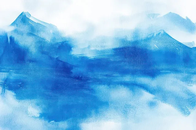 Soft blue watercolor abstract background with layered mountain-like silhouettes and visible paper texture.